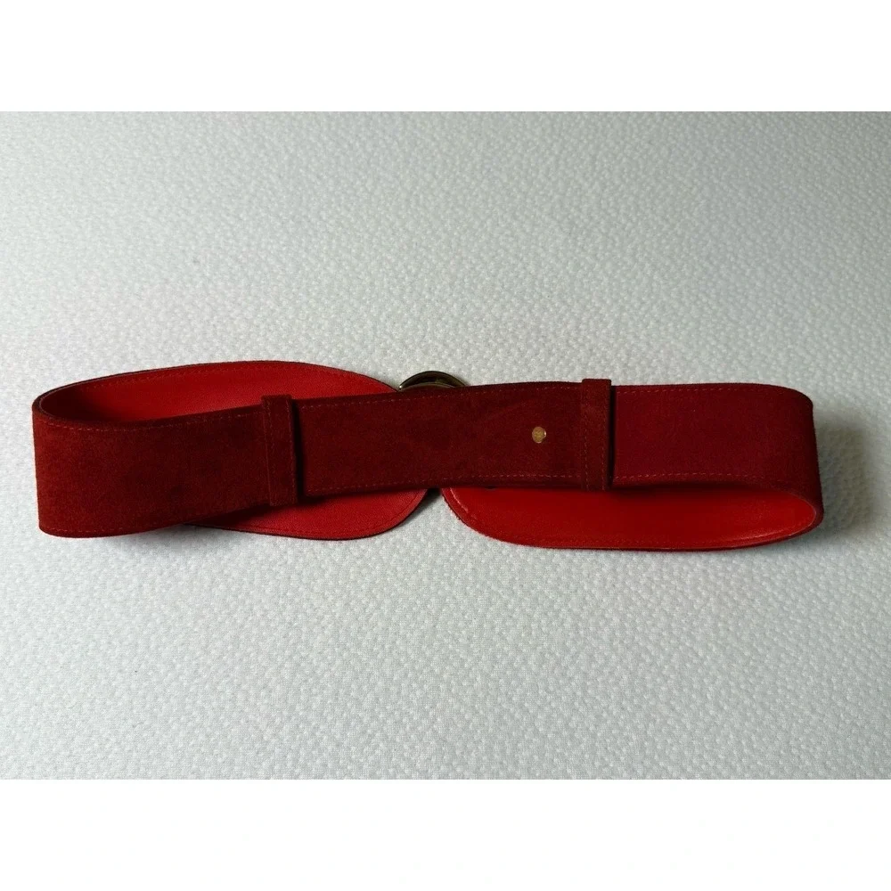 Vintage 80s Wide Red Suede‎ Waist Belt Gold Etched Hook Buckle Statement 29